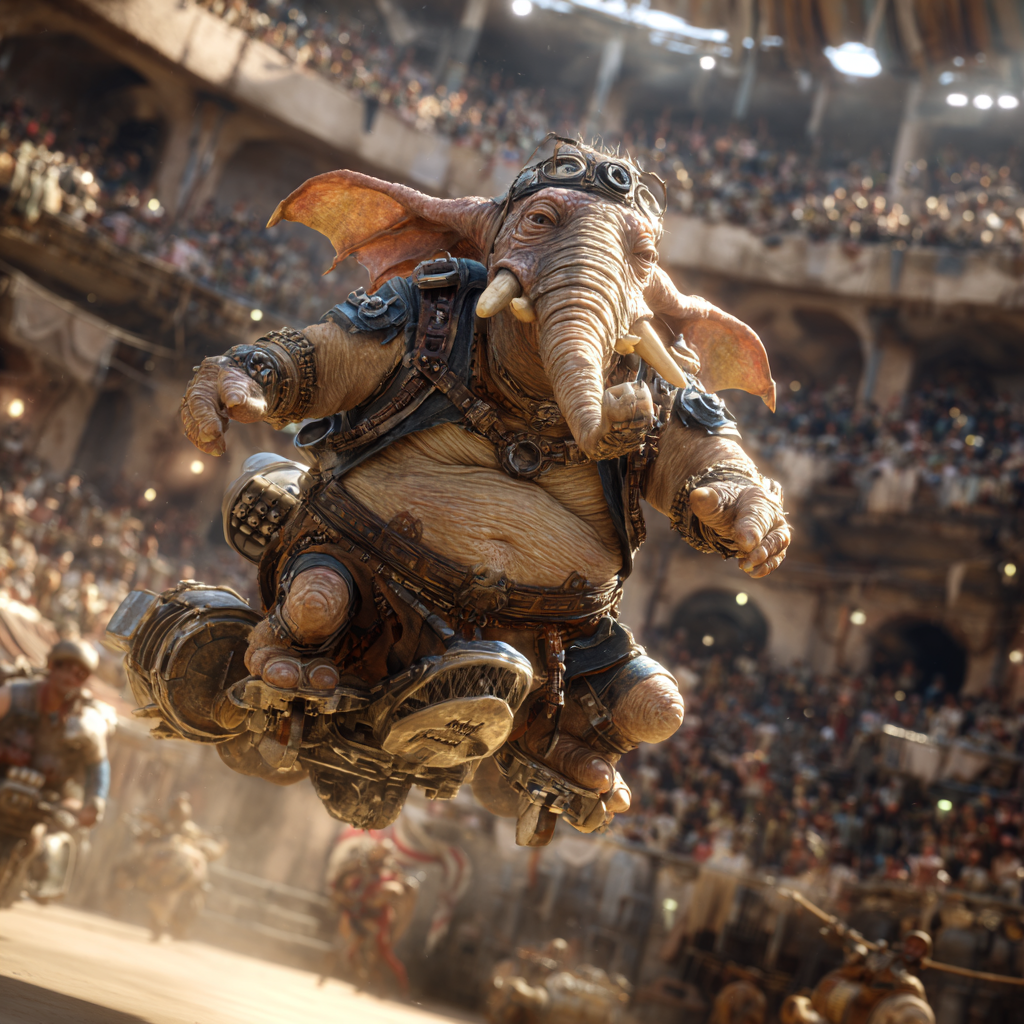 A colorful elephant-like creature in steampunk attire flying through an arena filled with spectators.