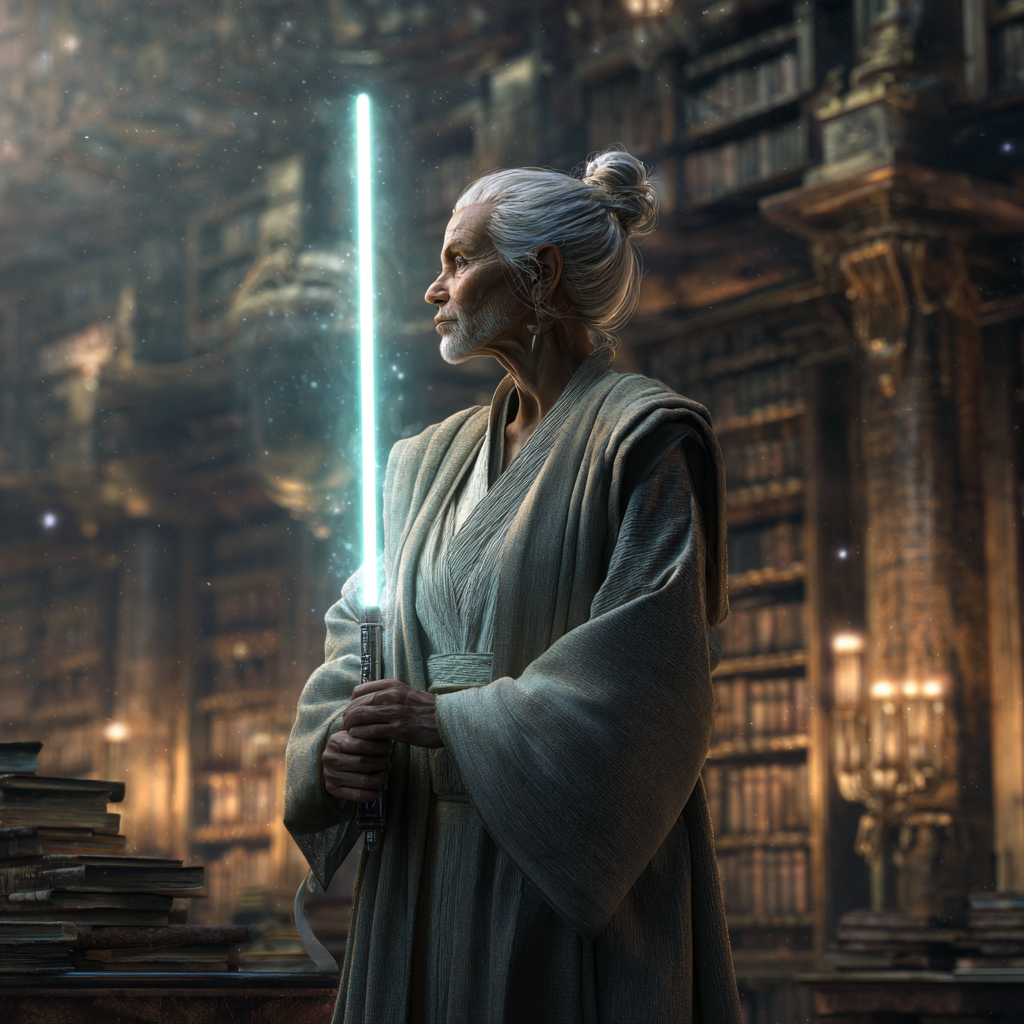 An elderly Jedi holding a periwinkle lightsaber in a grand library filled with ancient books.