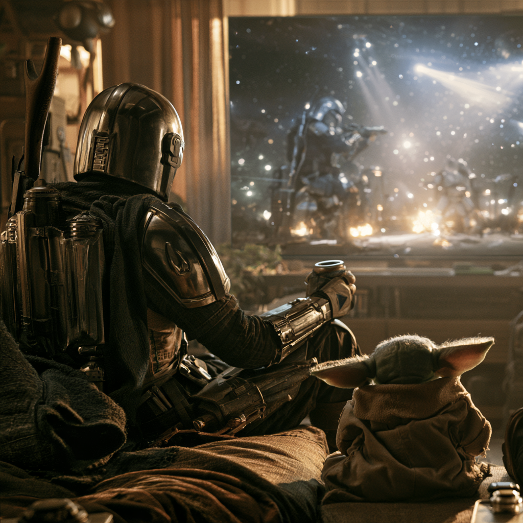 Illustration of the Mandalorian and Grogu watching television at home.