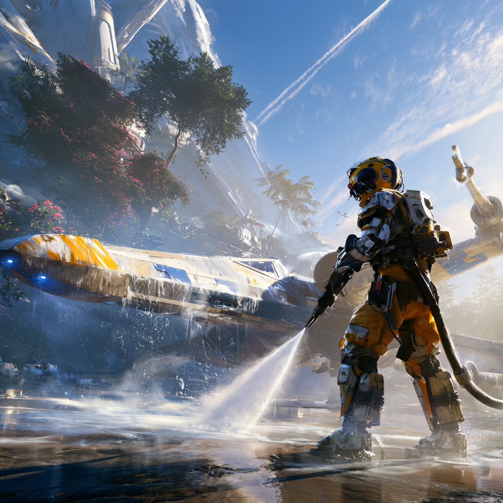 Illustration of an armored figure pressure-washing a spacecraft in a Star Wars-inspired setting.