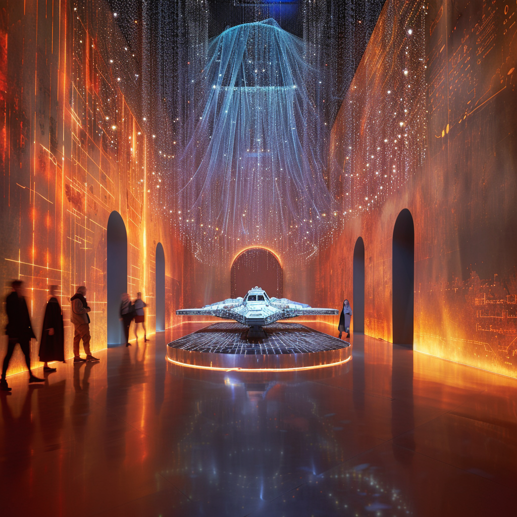 Concept illustration of an immersive Star Wars exhibition with a spacecraft display and orange and blue lighting.