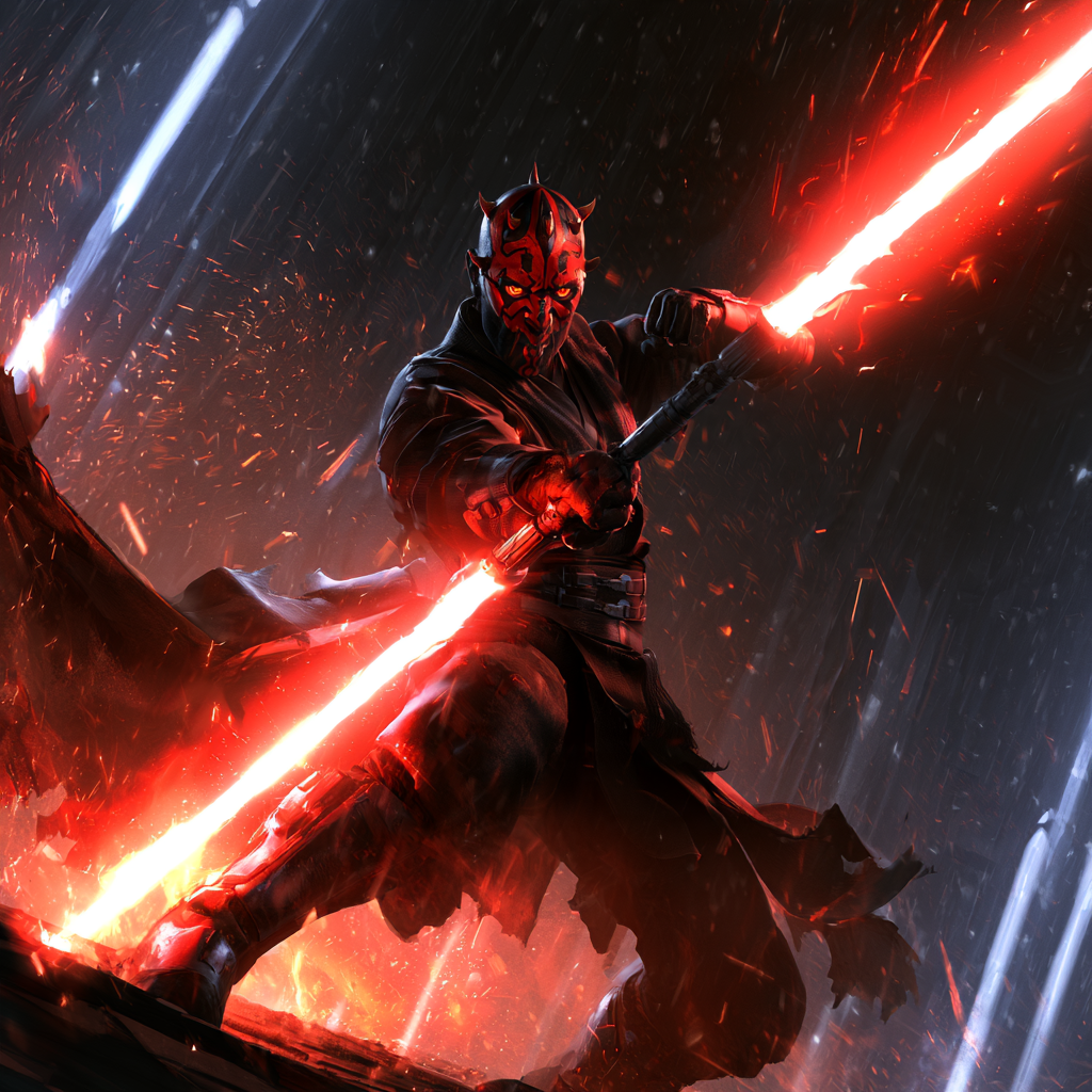 Illustration of Darth Maul wielding a red double-bladed lightsaber in the rain.